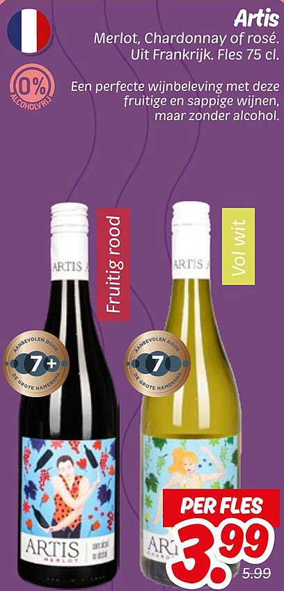 Artis Merlot, Chardonnay of rosé. Uit Frankrijk. Fles 75 cl.