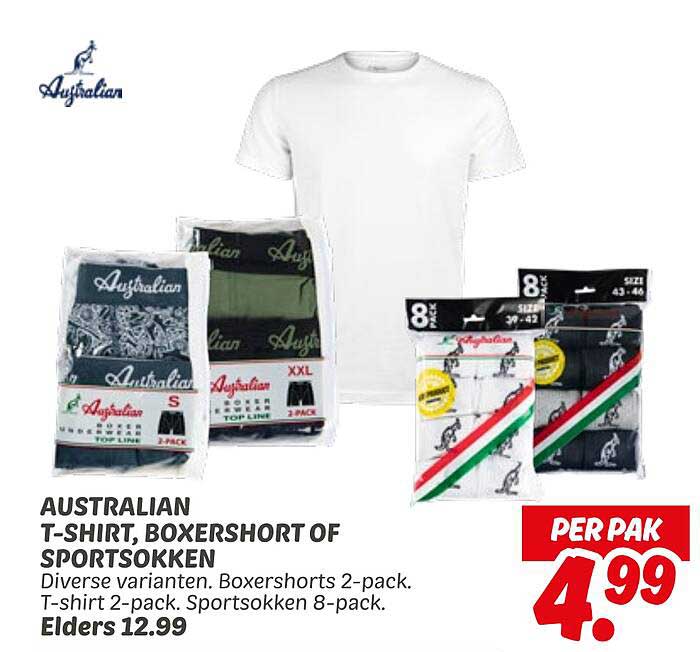 AUSTRALIAN T-SHIRT, BOXERSHORT OF SPORTSOKKEN