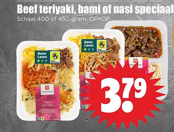 Beef teriyaki, bami of nasi speciaal