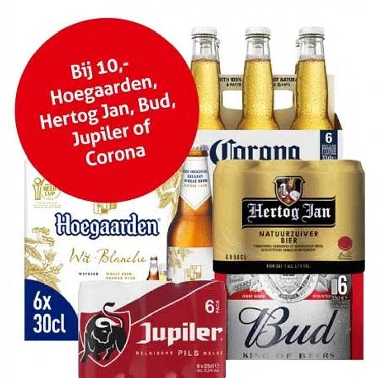 Bij 10,- Hoegaarden, Hertog Jan, Bud, Jupiler of Corona