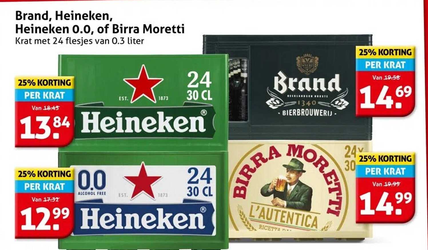 Brand, Heineken, Heineken 0.0, of Birra Moretti Krat met 24 flesjes van 0.3 liter
