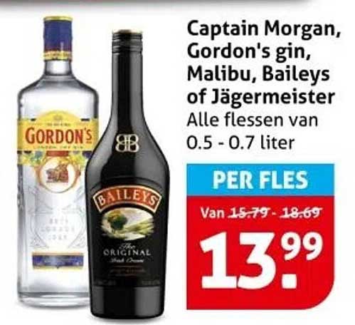 Captain Morgan, Gordon's gin, Malibu, Baileys of Jägermeister - Alle flessen van 0.5 - 0.7 liter