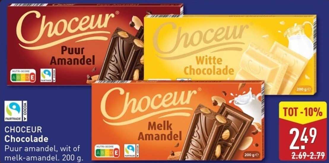 CHOCEUR Chocolade Puur Amandel, Wit of Melk-Amandel. 200 g.