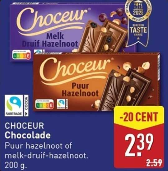CHOCEUR Chocolade Puur hazelnoot of melk-druif-hazelnoot. 200 g.