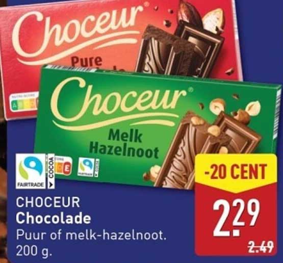 CHOCEUR Chocolade Puur of melk-hazelnoot. 200 g.
