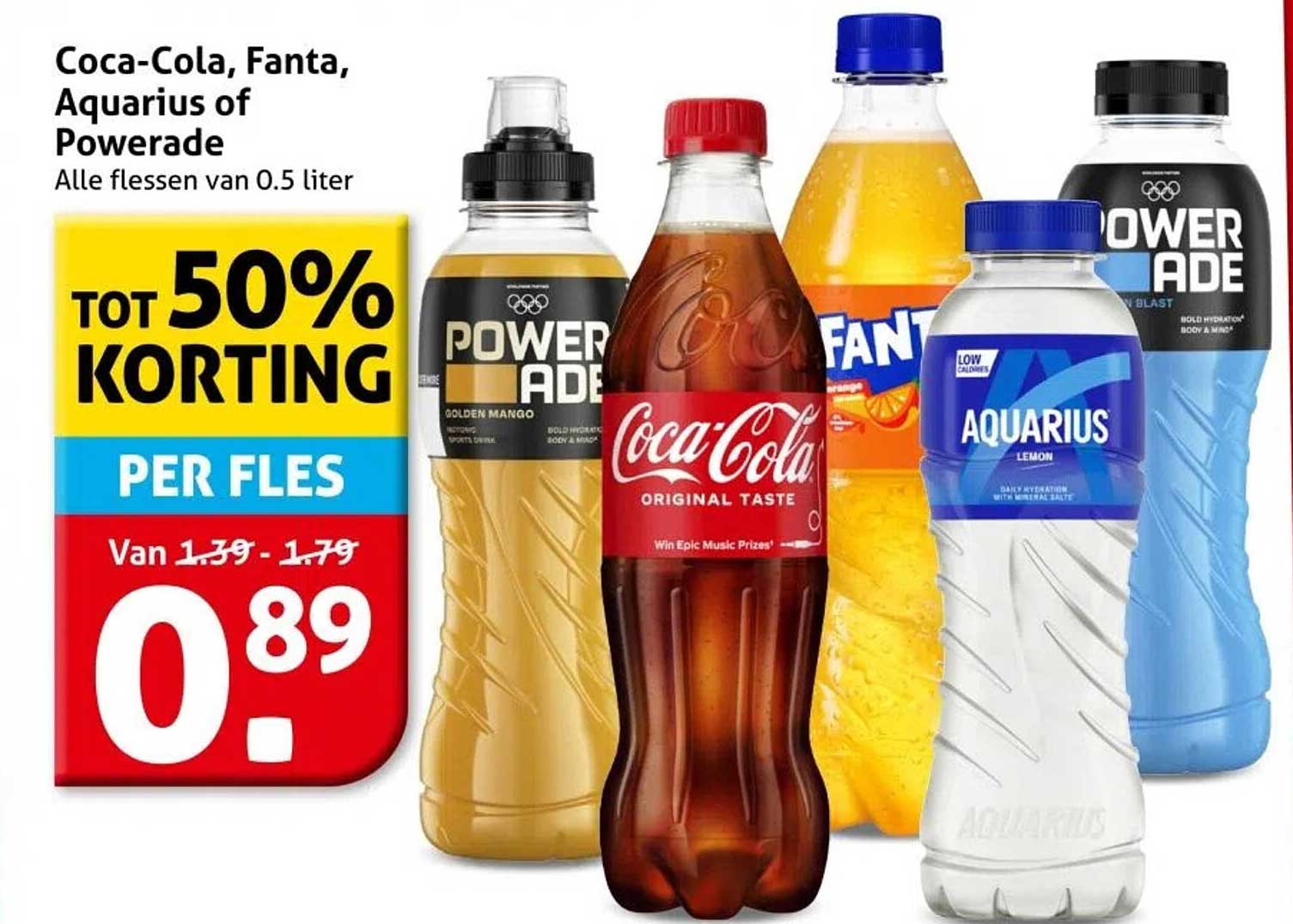 Coca-Cola, Fanta, Aquarius of Powerade - Tot 50% korting per fles