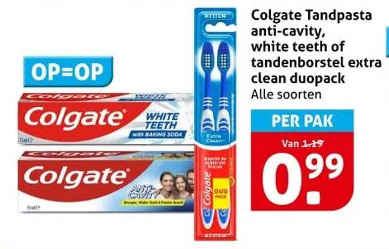 Colgate Tandpasta anti-cavity, white teeth of tandenborstel extra clean duopack