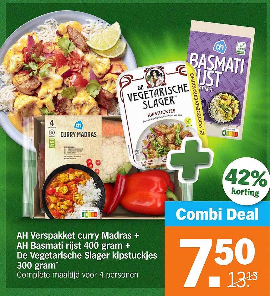 Combi Deal: AH Verspakket curry Madras + AH Basmati rijst 400 gram + De Vegetarische Slager kipstukjes 300 gram*