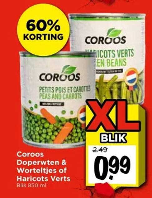 Coroo Doperwten & Worteltjes of Haricots Verts Blik 850 ml - 60% Korting
