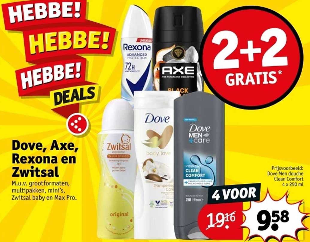 Dove, Axe, Rexona en Zwitsal 2+2 GRATIS