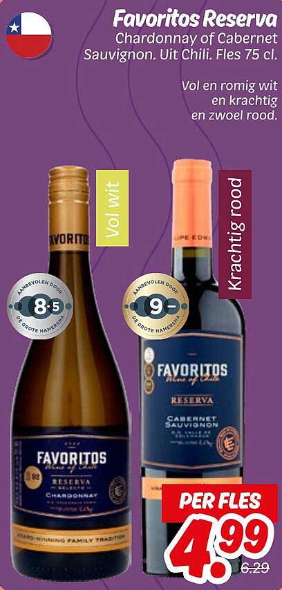 Favoritos Reserva Chardonnay of Cabernet Sauvignon. Uit Chili. Fles 75 cl.