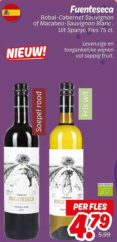 Fuentesecca Bobal-Cabernet Sauvignon of Macabeo-Sauvignon Blanc. Uit Spanje. Fles 75 cl.