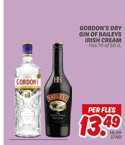 GORDON’S DRY GIN OF BAILEYS IRISH CREAM FLES 70 OF 50 CL.