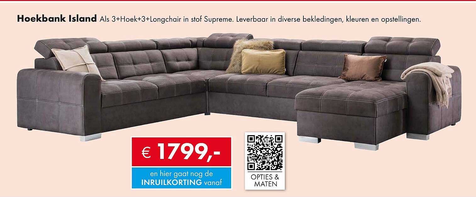Hoekbank Island Als 3+Hoek+3+Longchair in stof Supreme. Leverbaar in diverse bekledingen, kleuren en opstellingen.