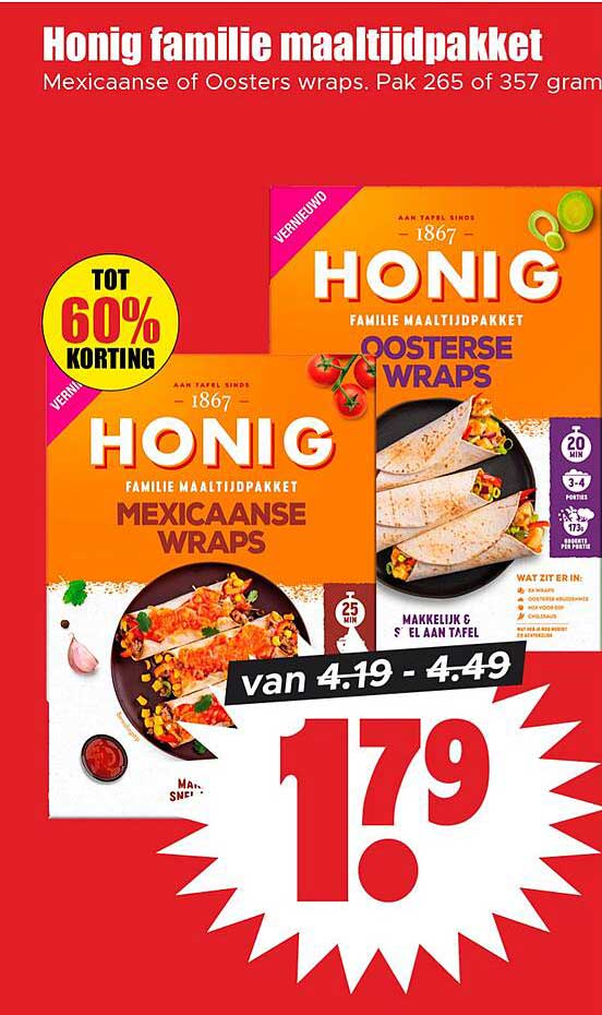 Honig familie maaltijdpakket Mexicaanse of Oosterse wraps. Pak 265 of 357 gram