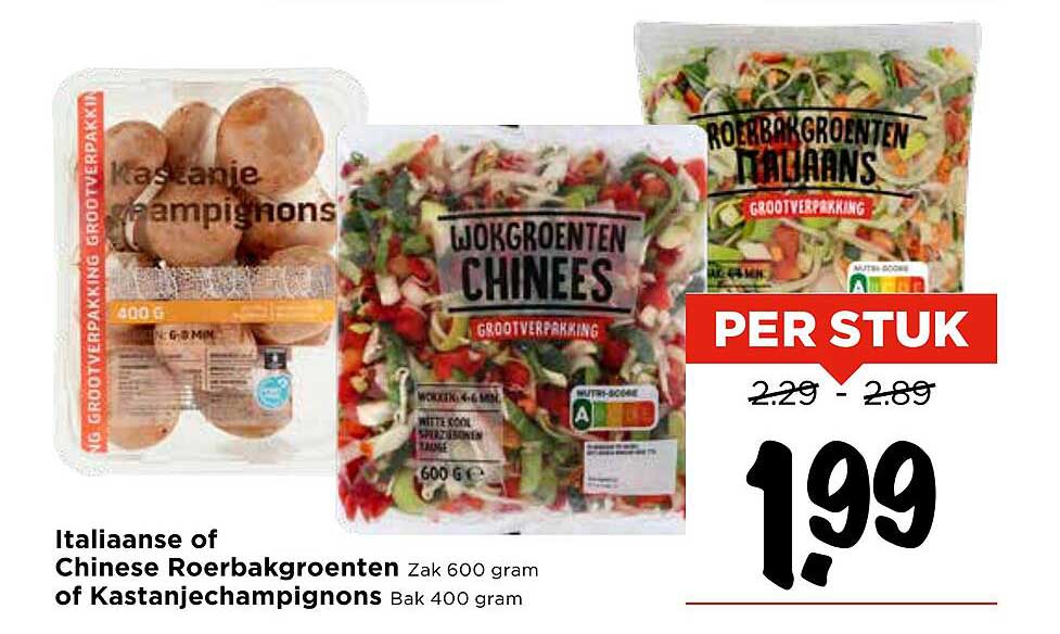 Italiaanse of Chinese Roerbakgroenten Zak 600 gram of Kastanjechampignons Bak 400 gram