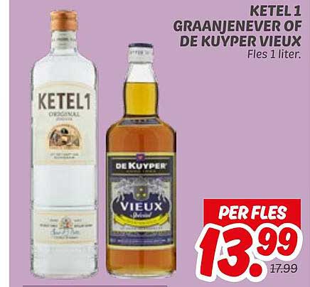 KETEL 1 GRAANJENEVER OF DE KUYPER VIEUX Fles 1 liter.