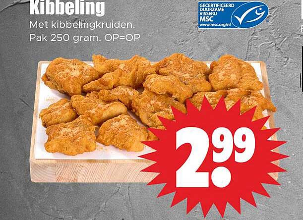 Kibbeling met kibbelingkruiden. Pak 250 gram. OP=OP