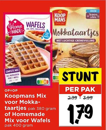 Koopmans Mix voor Mokkataartjes pak 380 gram of Homemade Mix voor Wafels pak 400 gram