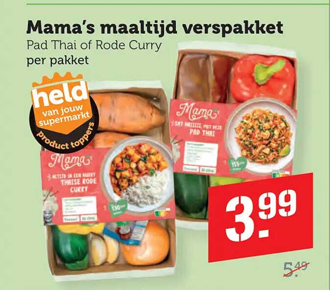 Mama's maaltijd verspakket Pad Thai of Rode Curry per pakket
