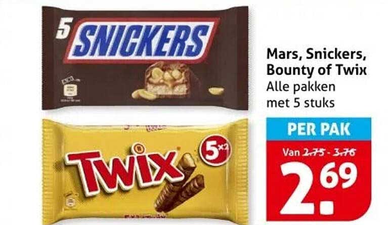 Mars, Snickers, Bounty of Twix - Alle pakken met 5 stuks