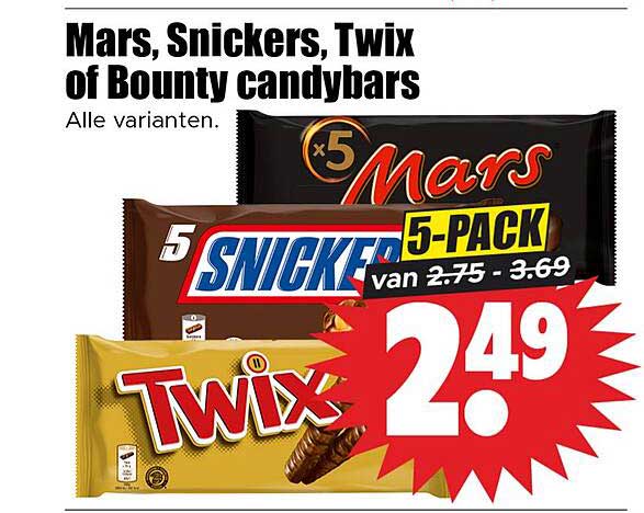 Mars, Snickers, Twix of Bounty candybars