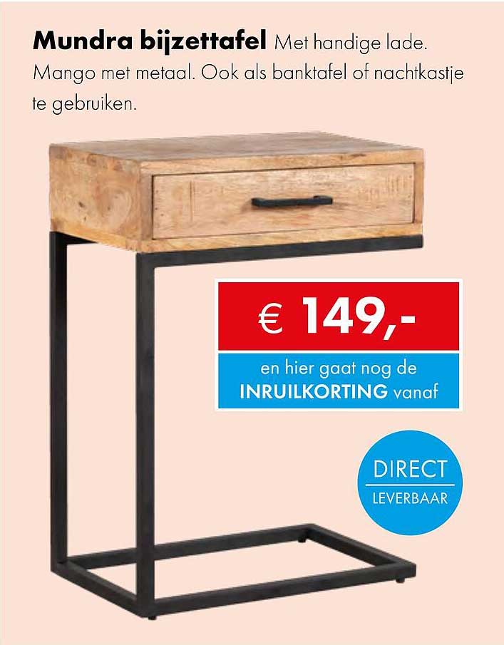 Mundra bijzettafel Met handige lade. Mango met metaal. Ook als banktafel of nachtkastje te gebruiken.