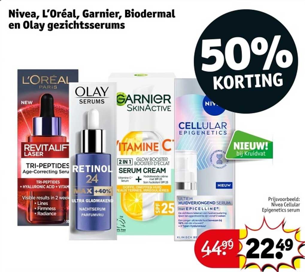 Nivea, L'Oréal, Garnier, Biodermal en Olay gezichtsserums