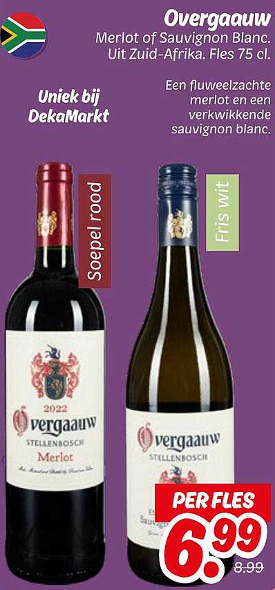 Overgaauw Merlot of Sauvignon Blanc. Uit Zuid-Afrika. Fles 75 cl.