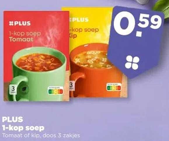 PLUS 1-kop soep Tomaat of Kip, doos 3 zakjes