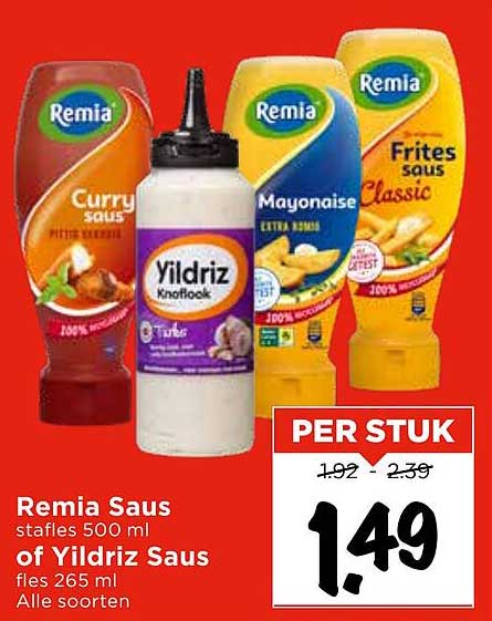 Remia Saus stafties 500 ml of Yildriz Saus fles 265 ml Alle soorten