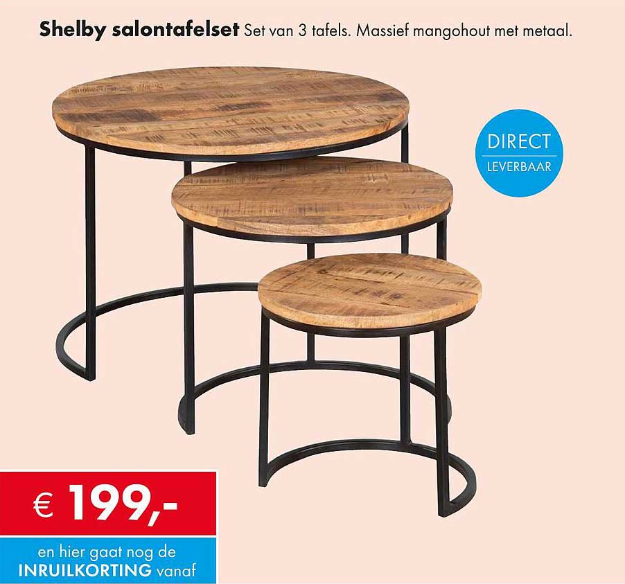 Shelby salontafelset Set van 3 tafels. Massief mangohout met metaal.