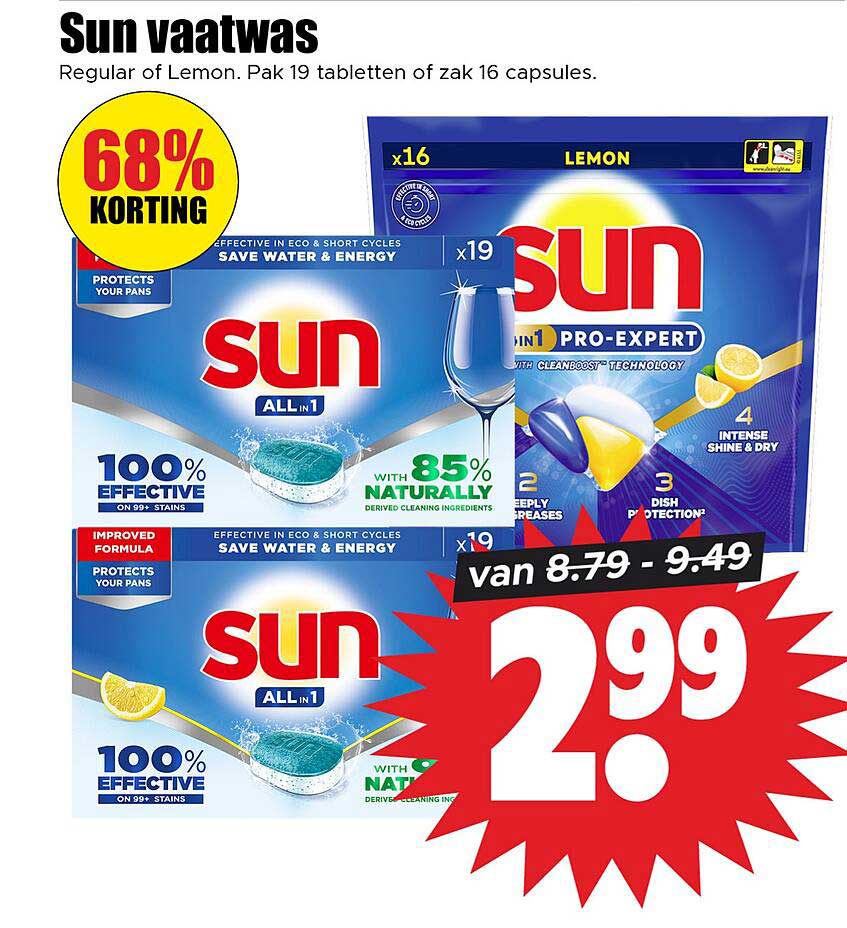 Sun vaatwas Regular of Lemon. Pak 19 tabletten of zak 16 capsules.