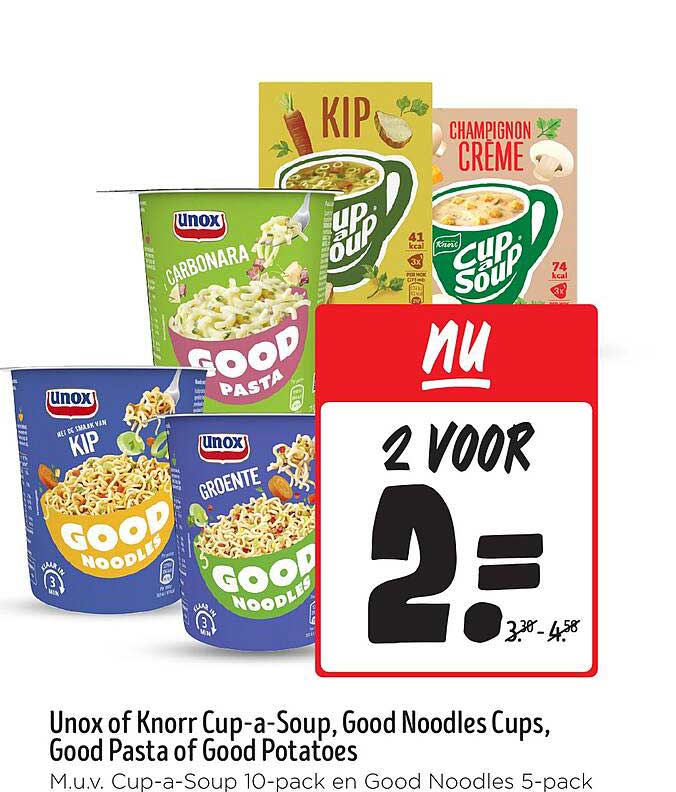 Unox of Knorr Cup-a-Soup, Good Noodles Cups, Good Pasta of Good Potatoes – 2 voor €2