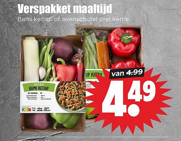Verspakket maaltijd Bami ketjap of ovenschotel prei kerrie.