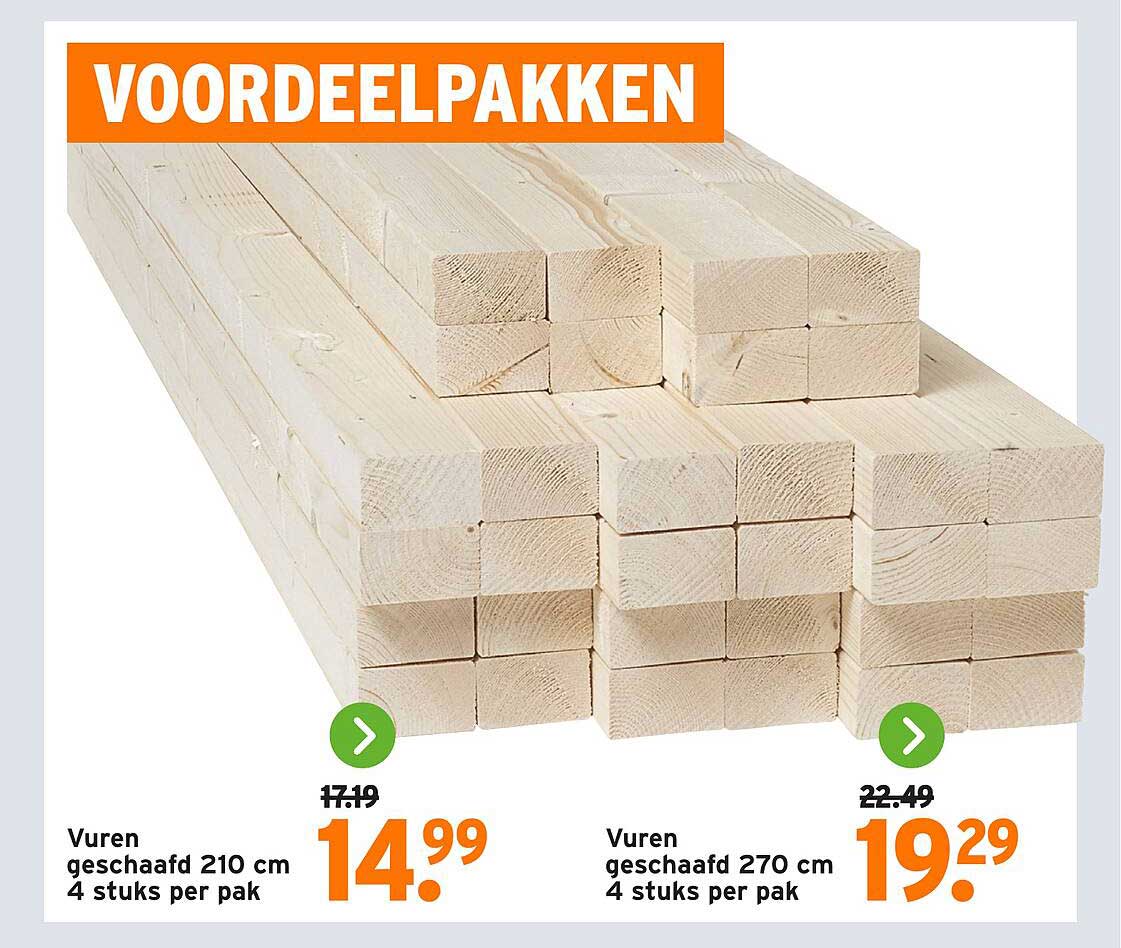 Vuren geschraagd 210 cm 4 stuks per pak