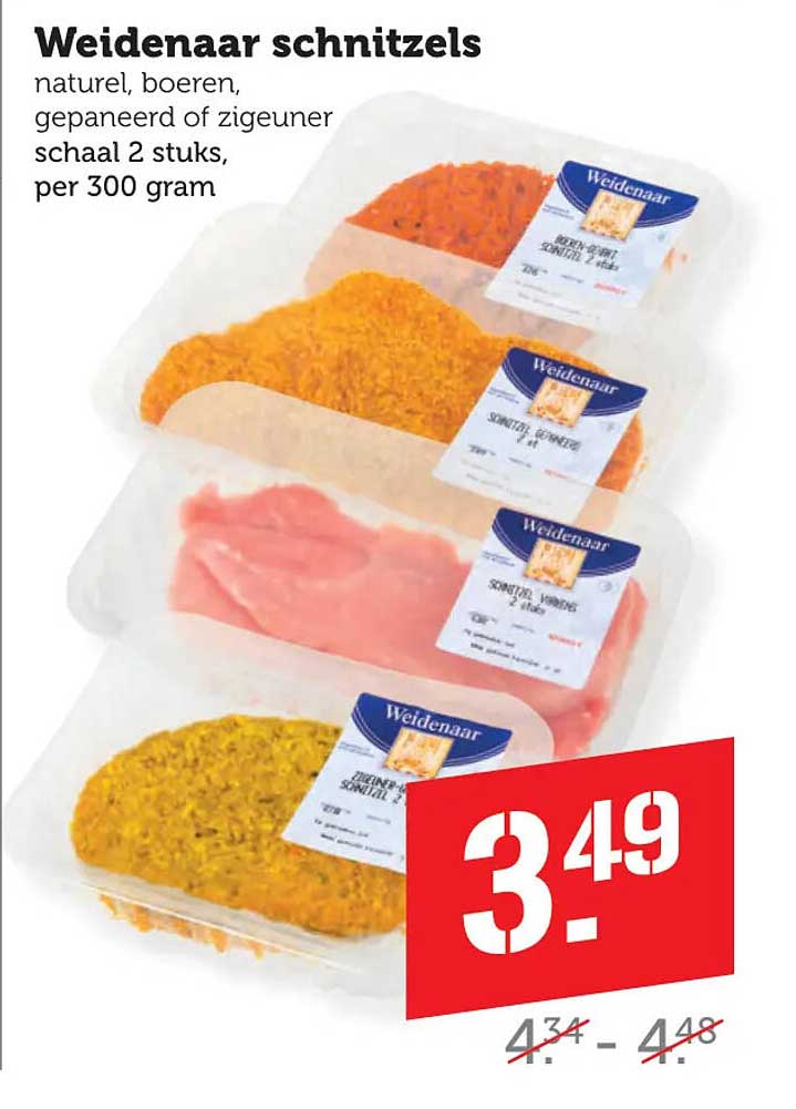 Weidenaar schnitzels natuur, boeren, gepaneerd of zigeuner schaal 2 stuks, per 300 gram