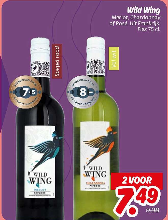 Wild Wing Merlot, Chardonnay of Rosé. Uit Frankrijk. Fles 75 cl.