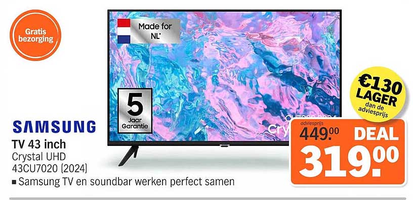 Samsung TV 43 inch Crystal UHD 43CU7020 (2024)