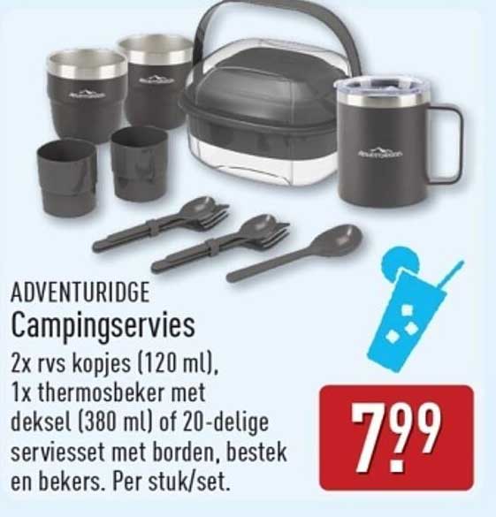 ADVENTURIDGE Campingsservies 2x rvs kopjes (120 ml), 1x thermosbeker met deksel (380 ml) of 20-delige serviesset met borden, bestek en bekers. Per stuk/set.