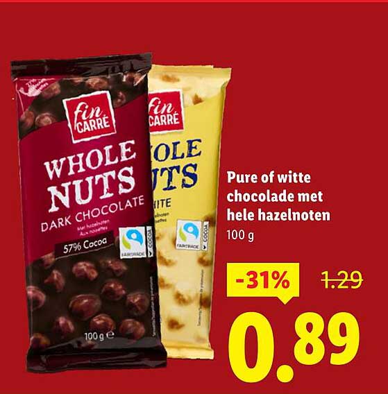 Pure of witte chocolade met hele hazelnoten
