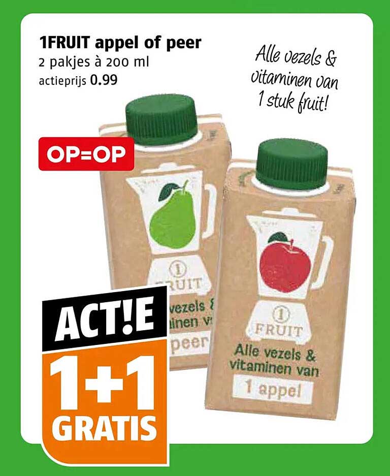 1FRUIT appel of peer 2 pakjes à 200 ml 1+1 GRATIS