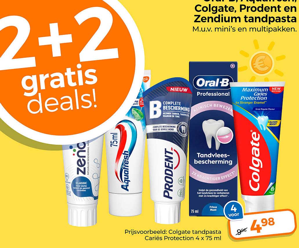 2+2 gratis deals! Op geselecteerde Oral-B, Aquafresh, Colgate, Prodent en Zendium tandpasta