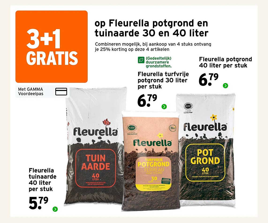 3+1 GRATIS op Fleurella potgrond en tuinaarde 30 en 40 liter