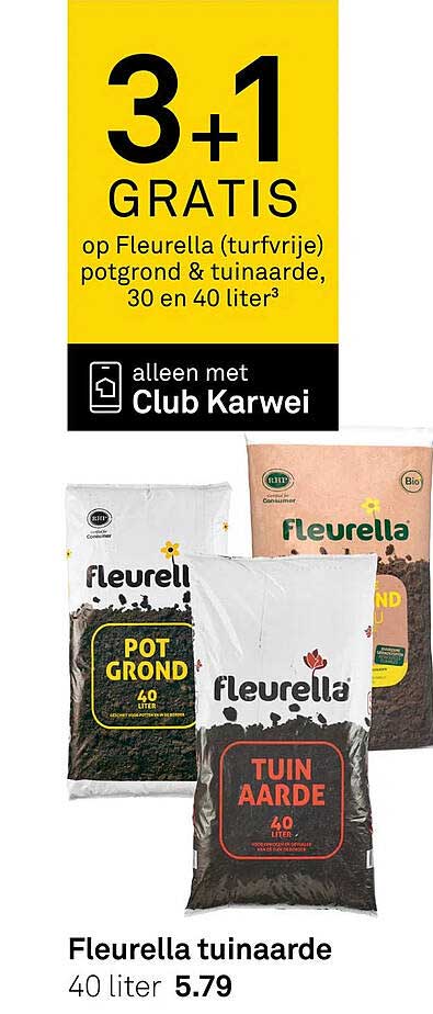 3+1 GRATIS op Fleurella (turfvrije) potgrond & tuinaarde, 30 en 40 liter