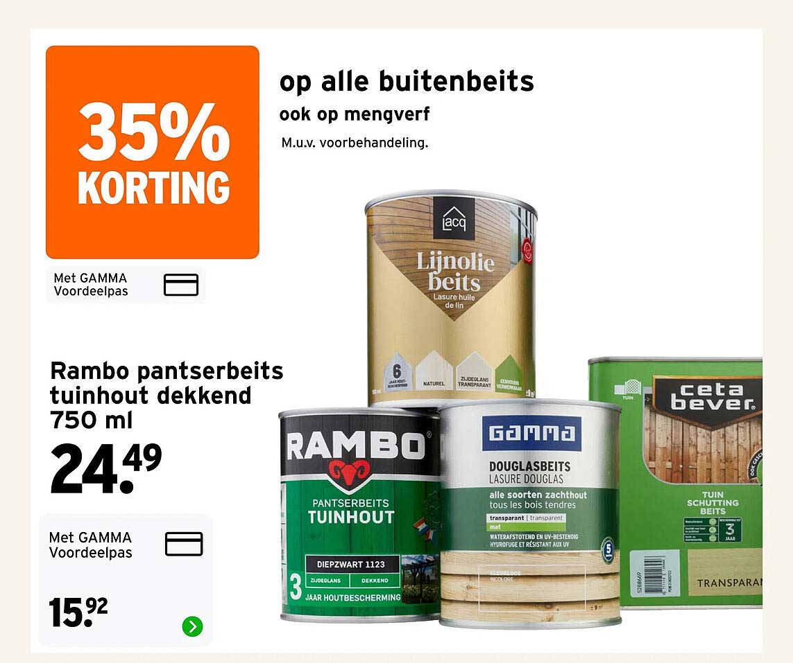 35% korting op alle buitenbeits ook op mengverf