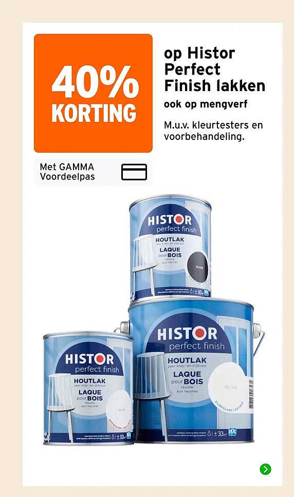 40% korting op Histor Perfect Finish lakken, ook op mengverf