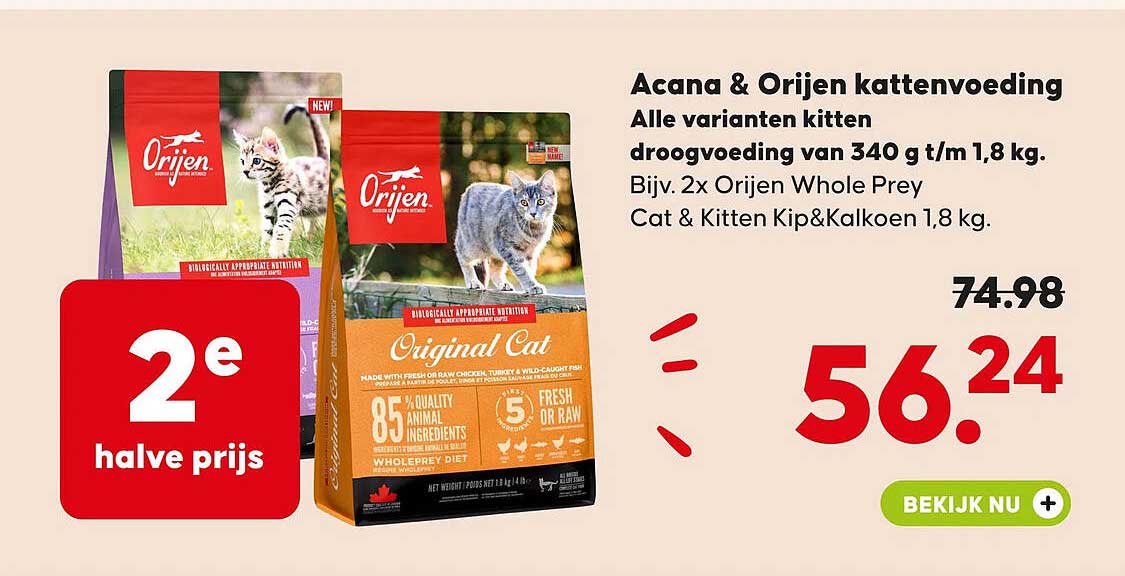 Acana & Orijen kattenvoeding 2e halve prijs