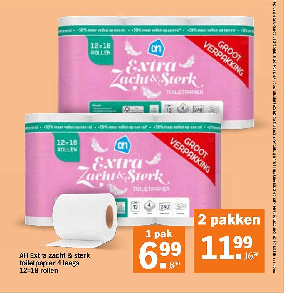 AH Extra zacht & sterk toiletpapier 4 laags 12=18 rollen 2 pakken 1+1 gratis