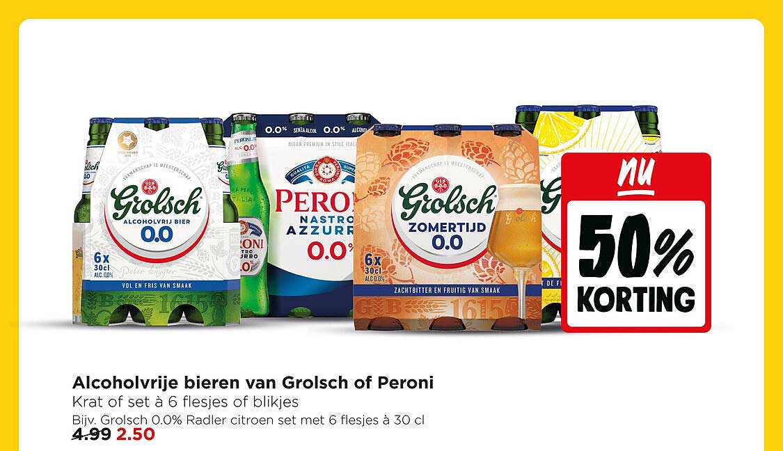 Alcoholvrije bieren van Grolsch of Peroni 50% korting